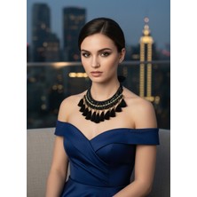 Moda Accessories Siyah Püsküllü Bohem Kolye – Gold Detaylı Etnik Tasarım Şık Kadın Abiye & Davet Kolyesi