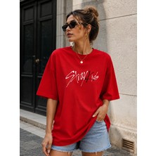 Enb1r Moda Kadın Baskılı Yarım Oversize Baskılı Günlük T-Shirt