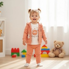 Erca Home Tekstil Ürünleri %100 Pamuklu Ayıcık Baskılı Mevsimlik Kız Bebek 3 Lü Takım /somon Pantolon Ceket Sweatshırt 6 / 18 Ay