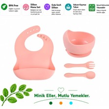 Jojobebek Çocuk Silikon Mama Önlüğü, Silikon Vakumlu Kase, Silikon Kaşık ve Çatal / Pembe