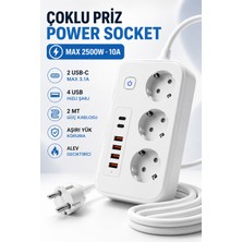 Matechno 3’lü Akım Korumalı Priz 2500W 10A 2 Usb-C + 4 USB Şarj Çıkışlı 2 Metre Kablolu Çoklu Priz Grup Priz Uzatma Kablosu