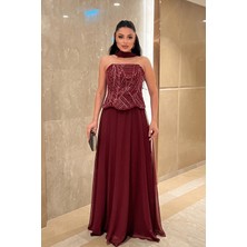 Giyimmasalı Üstü Boncuk Alt Şifon Kumaş Straplez Elbise - BORDO-GYM-41200