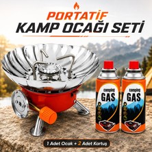 Nzb (1 Adet) Mini Portatif Rüzgarlıklı Kendinden Çakmaklı Kamp Ocağı + (2 Adet) 400 ml Kamp Kartuşu Gazı