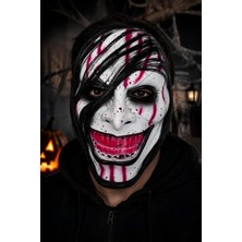 Patladı Gitti Beyaz Kanlı Gülümseyen Korku Maskesi – Siyah Saç Detaylı Halloween Cadılar Bayramı Maskesi