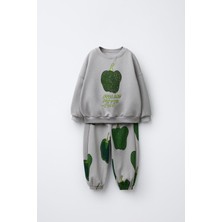 Magu Çocuk Baskılı Gri Sweatshirt ve Eşofman Altı Takımı