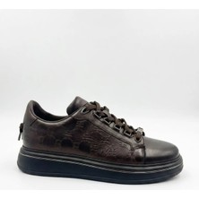 Pierre Cardin Erkek Kahverengi Monogram Kabartma Deri Platform Sneaker Gun-Metal Şeritli Ayakkabı