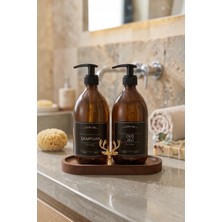 Go Blobs Amber Şişe Sabunluk Cam Ikili Şampuan-Duş Jeli Banyo Düzenleyici Klasik Gold Geyik Ahşap Standlı 500ML