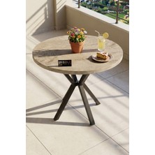 TeknoKapsül Mutfak Masası 90 cm Yuvarlak Masa Modern Metal Ayaklı Cafe Balkon Ofis Yemek Masası 9826 Traverten