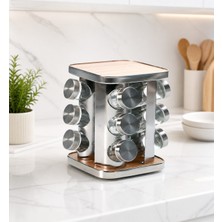 Lumindra 12LI Paslanmaz Çelik Ahşap Kapaklı Metal Döner Stantlı Cam Baharatlık Seti Kare 12'li
