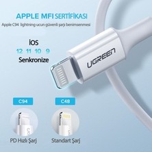 TeknoKapsül Ugreen Usb-C - Lightning 3A Pd Mfi Sertifikalı Hızlı Şarj Kablosu, 1 M, Beyaz