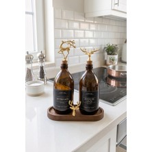 Go Blobs Ahşap Standlı Amber Cam Ikili Zeytinyağı-Ayçiçek Yağı Yağdanlık 500 ml Lüks Geyik Ailesi Mantar Tıpa Gold