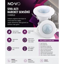 No-vo 3 Gözlü Sıva Altı Hareket Sensörü 360° – 20 Metre Çapında Geniş Algılama – IP54 Tavan Sensörü