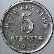 Banknoting Almanya 5 Pfennig 1916 D. I. Dünya Savaşı Dönemi.