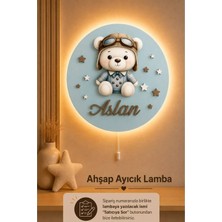 Bugy Bagy Ahşap Ayıcıklı Lamba Isme Özel Pilli Ledli Gece Lambası Bebek Çocuk Odası - Mavi