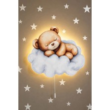 Bugy Bagy Ahşap Bulut Üzeri Ayıcık Pilli Ledli Gece Lambası Bebek Çocuk Odası-Yıldız Sticker Hediyeli - Kahverengi
