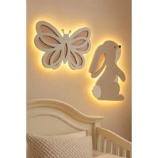 Bugy Bagy El Boyaması Ahşap Gece Lambası Koleksiyonu-Tavşan ve Kelebek Lambalar-Yıldız Sticker Hediyeli - Bej