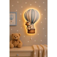 Bugy Bagy Ahşap Ayıcıklı Kapadokya Balon Pilli Ledli Gece Lambası Bebek Çocuk Odası-Yıldız Sticker Hediyeli - Mavi