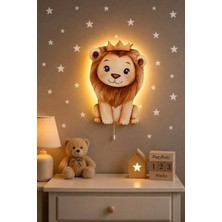 Bugy Bagy Ahşap Aslan Pilli Ledli Gece Lambası Bebek Çocuk Odası-Yıldız Sticker Hediyeli - Çok Renkli