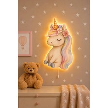 Bugy Bagy Ahşap Unicorn Duvar Lambası Pilli LED Gece Lambası Bebek Çocuk Odası-25 Yıldız Sticker Hediyeli - Çok Renkli