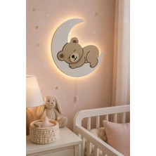 Bugy Bagy El Boyaması Ahşap Ay Üzeri Ayıcık Pilli Ledli Gece Lambası Bebek Çocuk Odası - Bej