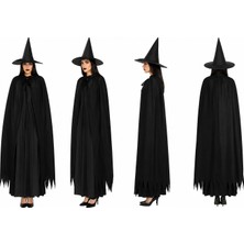 Lalvera Yetişkin Cadı Kostüm Seti – Siyah Sivri Cadı Şapkası ve Tırtıklı Uzun Pelerin (Cadılar Bayramı / Halloween)