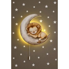 Bugy Bagy Ahşap Ay Üzeri Aslan Pilli Ledli Gece Lambası Bebek Çocuk Odası-Yıldız Sticker Hediyeli - Çok Renkli