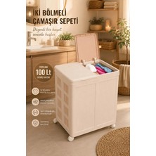 Porsima 2128-01 Tekerlekli Katlanabilir Iki Bölmeli Çamaşır Sepeti - Çift Bölmeli Kirli Sepeti Krem 100LT