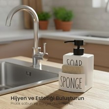 TeknoKapsül Beyaz Seramik Sıvı Sabunluk ve Süngerlik Seti | 500 ml | Mutfak ve Banyo Tezgahı Için 2'si 1 Arada | Kaymaz Tabanlı, Şık Bulaşık Sabunu Dispenseri