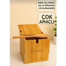 Elfnur Kaşıklı Bambu Kapaklı Tuzluk Şekerlik Baharatlık Tuz Kabı Baharatlık Kutusu 8 cm