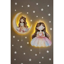 Bugy Bagy Prensesler Ahşap Duvar Lamba Seti Pilli LED Gece Lambası Bebek Çocuk Odası-Yıldız Sticker Hediyeli - Çok Renkli