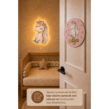 Bugy Bagy Ahşap Unicorn Isme Özel Pilli Ledli Gece Lambası ve Unicorn Ahşap Kapı Süsü Seti Bebek Çocuk Odası - Pembe