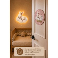 Bugy Bagy Ahşap Tavşanlı Isme Özel Pilli Ledli Gece Lambası ve Ahşap Kapı Süsü Seti Bebek Çocuk Odası - Pembe