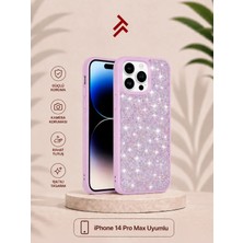 Premium iPhone 14 Pro Max Uyumlu Taşlı Simli Kılıf – Işıltılı Parlak Tasarım, Kamera Korumalı Darbe Emici Telefon Kılıfı, Lila