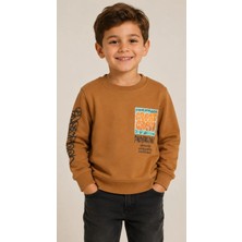 Erkek Çocuk Great Yazı Desenli Kolu Yazılı Şardonlu Kahverengi Sweatshirt