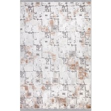 Rugzella Krem Gri Kiremit Soft Abstract Desenli Modern Eskitme Görünümlü Halı