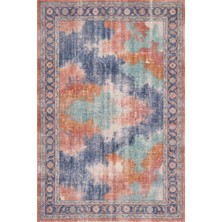 Rugzella Moor Eskitme Suluboya Soyut Desen Indigo Mavi Mercan Modern Yıkanabilir Halı