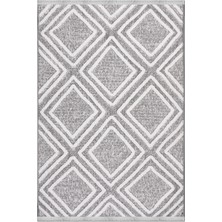 Rugzella Gri Krem Geometrik Baklava Desenli Modern Püsküllü Halı