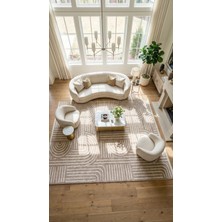 Rugzella Bej Krem Modern Geometrik Kemer Desenli Kabartmalı Saçaklı Halı