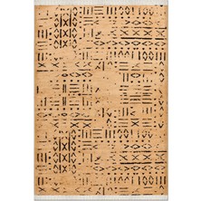 Rugzella Camel Siyah Bohem Etnik Desenli Püsküllü Soft Dokuma Halı