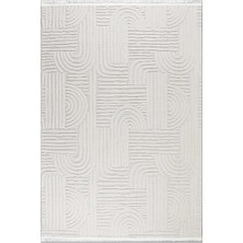 Rugzella Krem Modern Geometrik Kabartma Desenli Kemer Motifli Halı