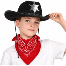 Nur Store Çuk Kovboy Şapka Rozetli Siyah &amp; Kırmızı Bandana Fular Seti
