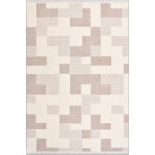Rugzella Krem Bej Geometrik Kare Desenli Modern Püsküllü Halı