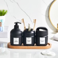 Muf Home 3'lü Lüks Ahşap Standlı Cam Banyo Seti -Sıvı Sabunluk, Bölmeli Diş Fırçalık ve Kapaklı Pamukluk Bpa Free