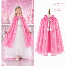 Nur Store Kar Tanesi Desenli Pembe Elsa Pelerini - Astarlı Frozen Pelerini 85 cm