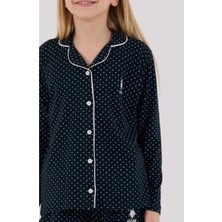 Queen Kids Kız Çocuk Puantiyeli Gömlek Pijama Takımı Lacivert