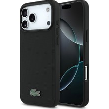 iPhone 18 Pro Max Kılıf Lacoste Lisanslı M-Safe Uyumlu Pu Pike Desenli Metal Logolu Kapak Siyah