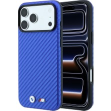 iPhone 18 Pro Kılıf Bmw Lisanslı M-Safe Özellikli Pu Karbon Tasarımlı Metal Logolu Kapak Mavi