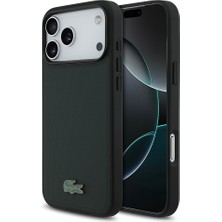 iPhone 18 Pro Max Kılıf Lacoste Lisanslı M-Safe Uyumlu Pu Pike Desenli Metal Logolu Kapak Koyu Yeşil