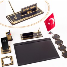 Ofistike Sümen Takımı Kişiye Özel Ahşap Isimlikli Mermer Desenli Türk Bayraklı 10 Parça Siyah