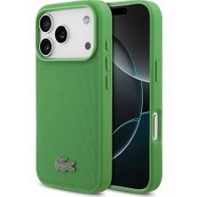 iPhone 18 Pro Kılıf Lacoste Lisanslı M-Safe Şarj Özellikli Pu Pike Desenli Metal Logolu Kapak Yeşil
